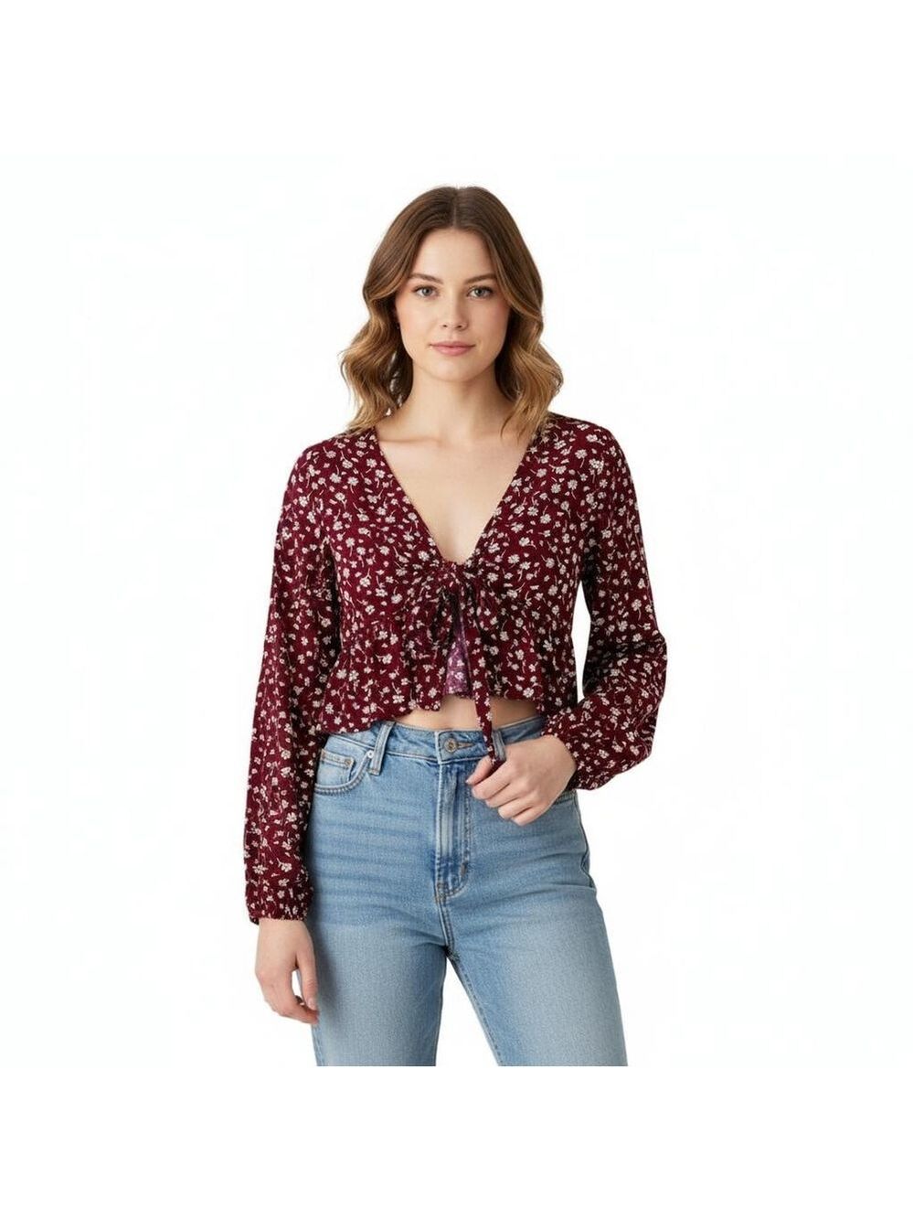 PacSun L.A. Hearts Floral Tie Front Long Sleeve Crop Blouse Burgundy White Med